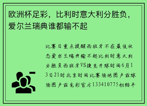 欧洲杯足彩，比利时意大利分胜负，爱尔兰瑞典谁都输不起