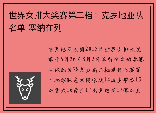 世界女排大奖赛第二档：克罗地亚队名单 塞纳在列