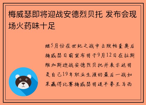 梅威瑟即将迎战安德烈贝托 发布会现场火药味十足